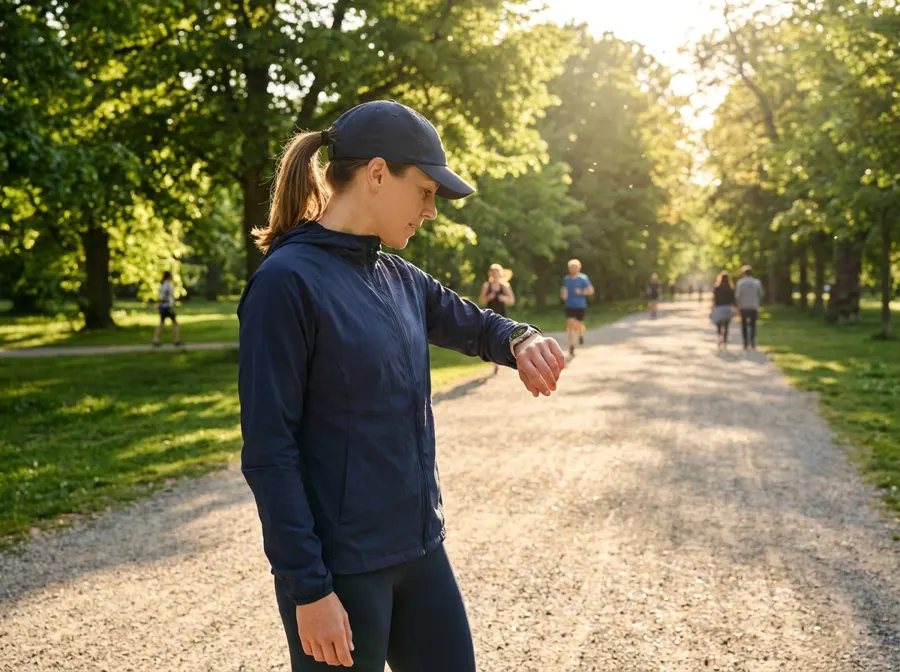 Woman checking fitness progress on smartwatch during morning jog in sunny park