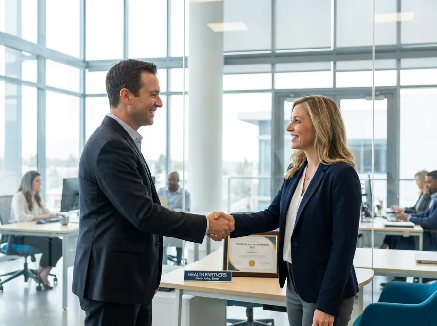 Health insurance broker shaking hands with business owner in professional office
